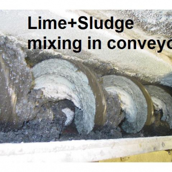Lime amendment into spiral conveyor train to achieve Class A Sludge