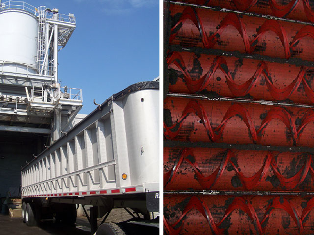 Sludge processing facility with truck receival and vertical lift conveyors