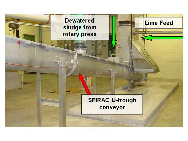 Lime amendment into spiral conveyor train to achieve Class A Sludge